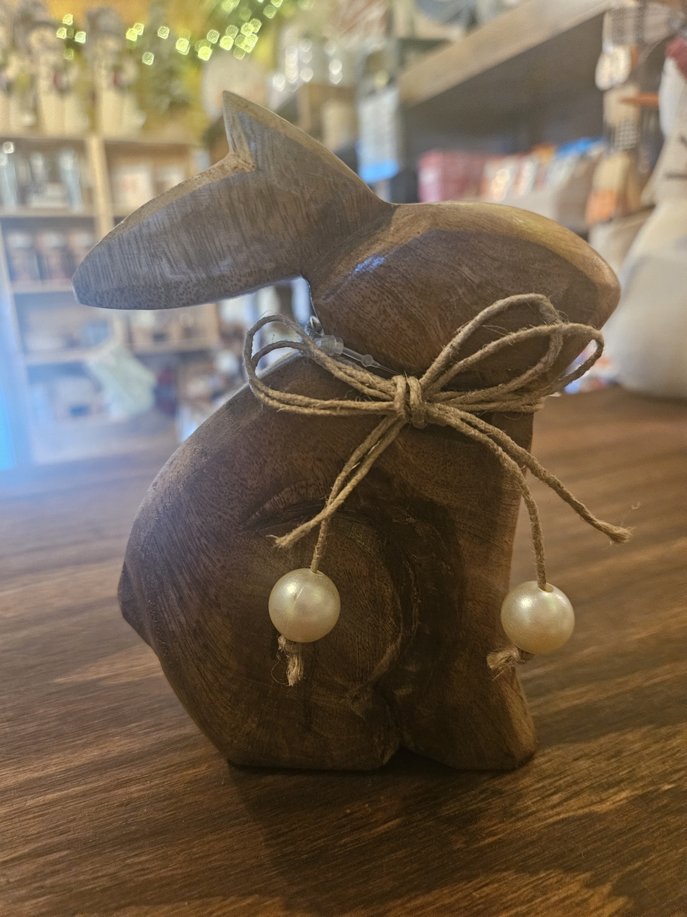 Wooden Bunny Figurine with Twine Bow - Brown